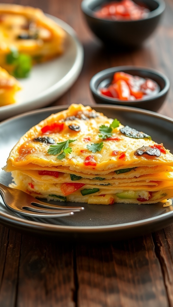 A slice of tortilla quiche with vegetables and cheese, garnished with herbs, on a rustic table with salsa.